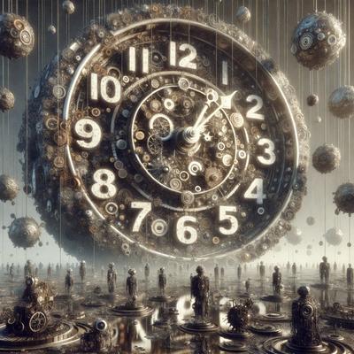 The primary subject of the image is a large clock with a mechanical design. The clock is surrounded by a group of people, some of whom are standing close to the clock while others are further away. The setting appears to be a futuristic environment, with the clock and people being the main focus of the scene. The visual style of the image is a combination of digital art and illustration, creating a unique and intricate design. The colors and mood of the image are dark and mysterious, with the clock and people being the main